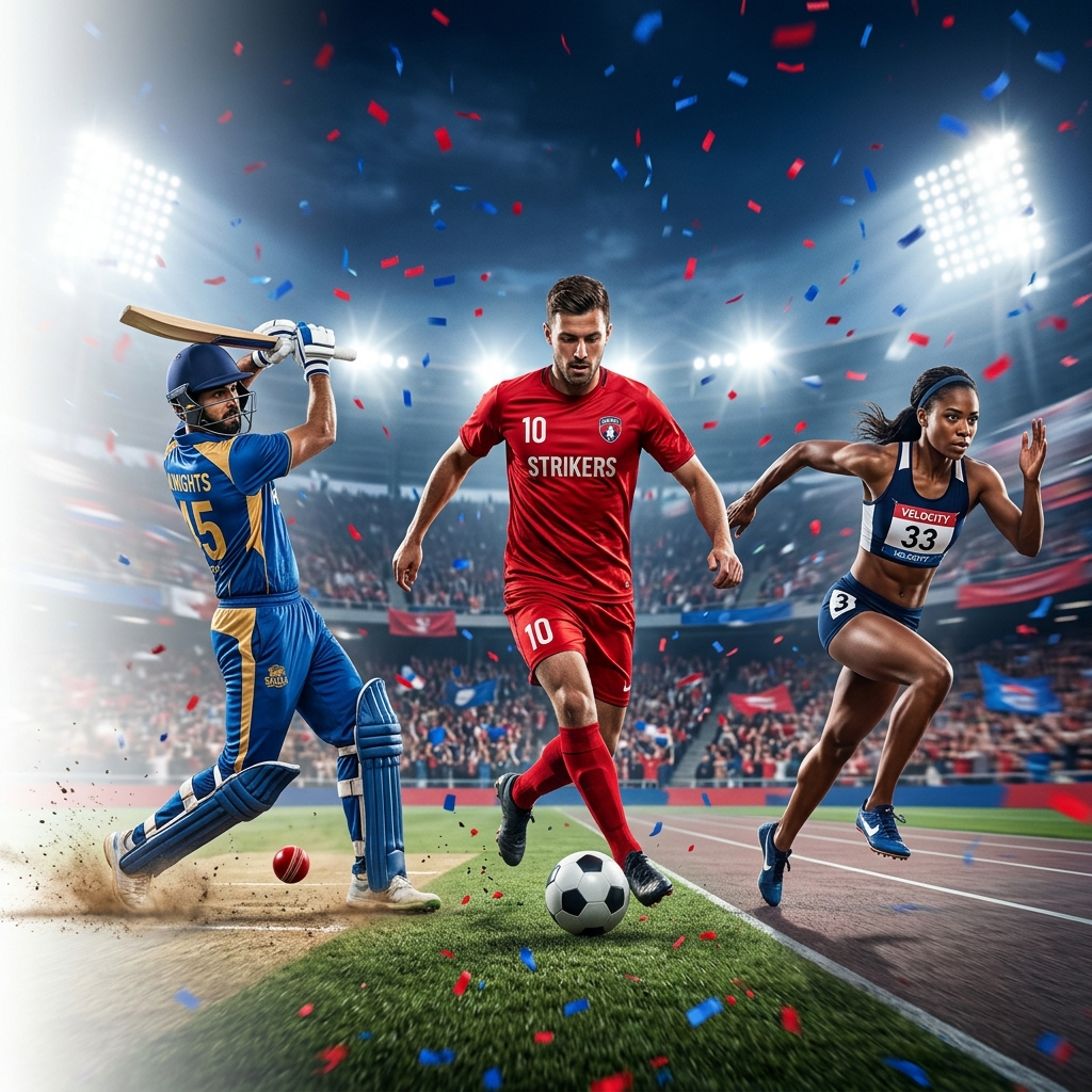 Sports action — cricket, football, athletics